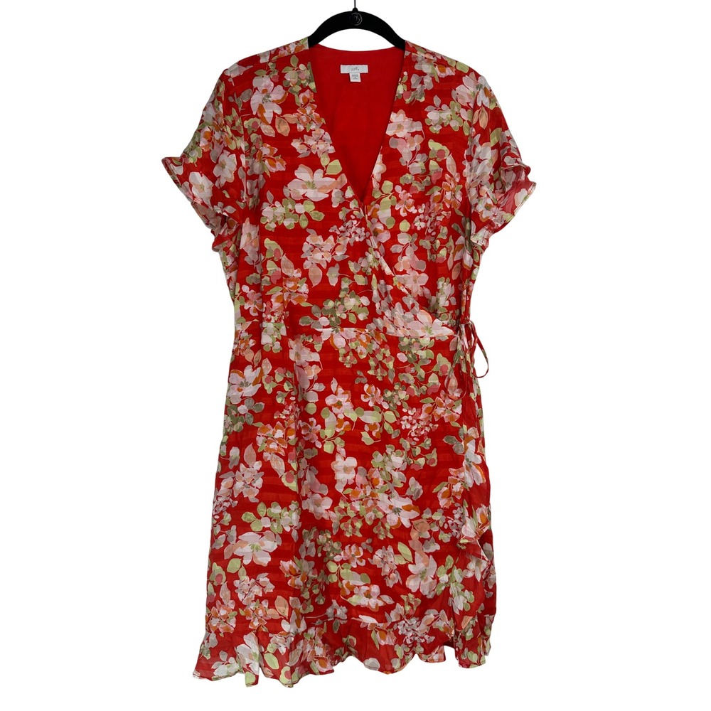 J.Jill Red Floral Wrap Dress Medium Petite Ruffle Brunch Feminine Wedding Guest